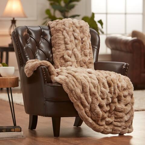 Chanasya Ruched Faux Fur Throw Blanket With Reversible Mink