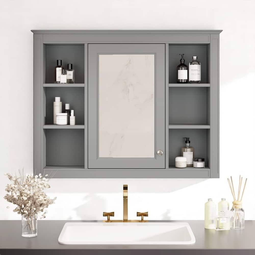 Modern Bathroom Mirror Cabinet, 35" Medicine Cabinet with 1 Door and 6 Open Shelves, Wall Mounted
