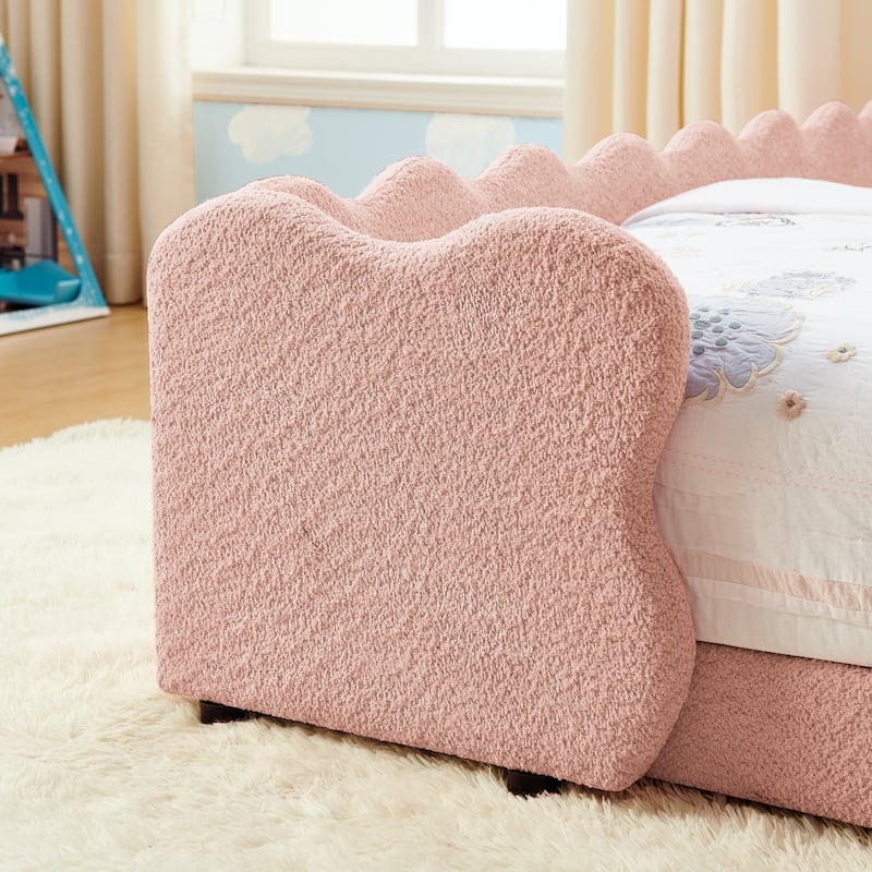 Twin Dinosaur-Shaped Kids Bed with Safety Guardrail - Solid Wood Toddler Bed Frame in Boucle Fabric