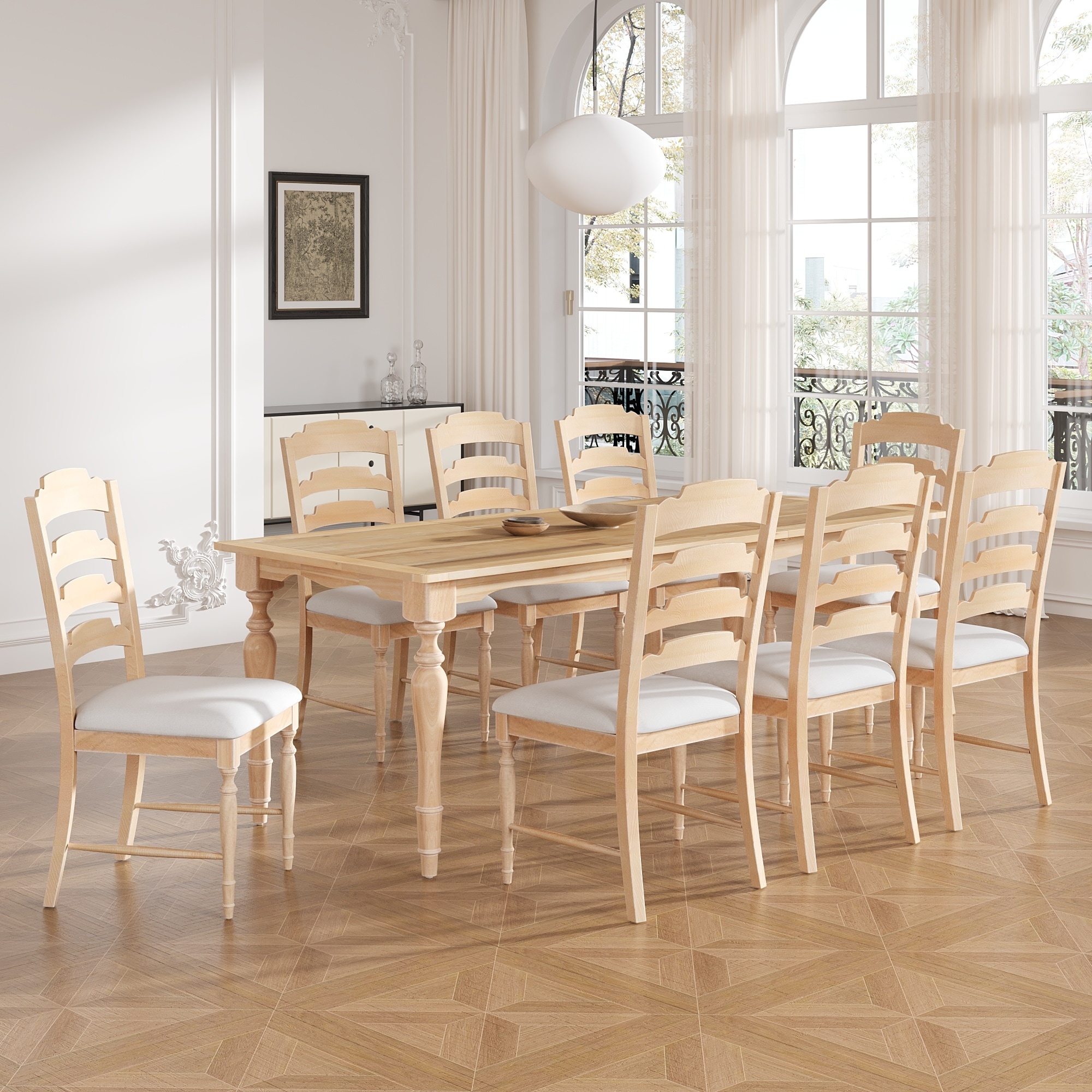 9 Piece Extendable Dining Table Sets with 8 Dining Chairs, Natural