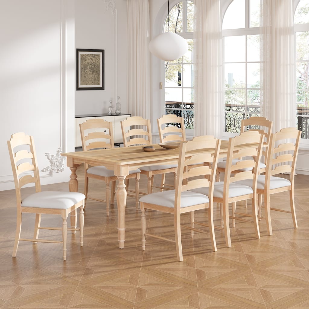 Dining Table with 8 Upholstered Chairs, Practical Dining Table Set, Rectangular Dining Table with Removable Leaf
