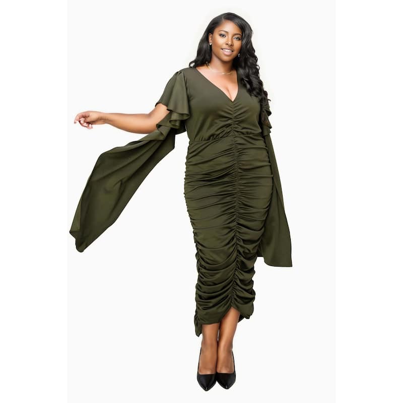 L I V D Women's Plus Size Nadia Ruched V Neck Dress - 2X - Army Olive