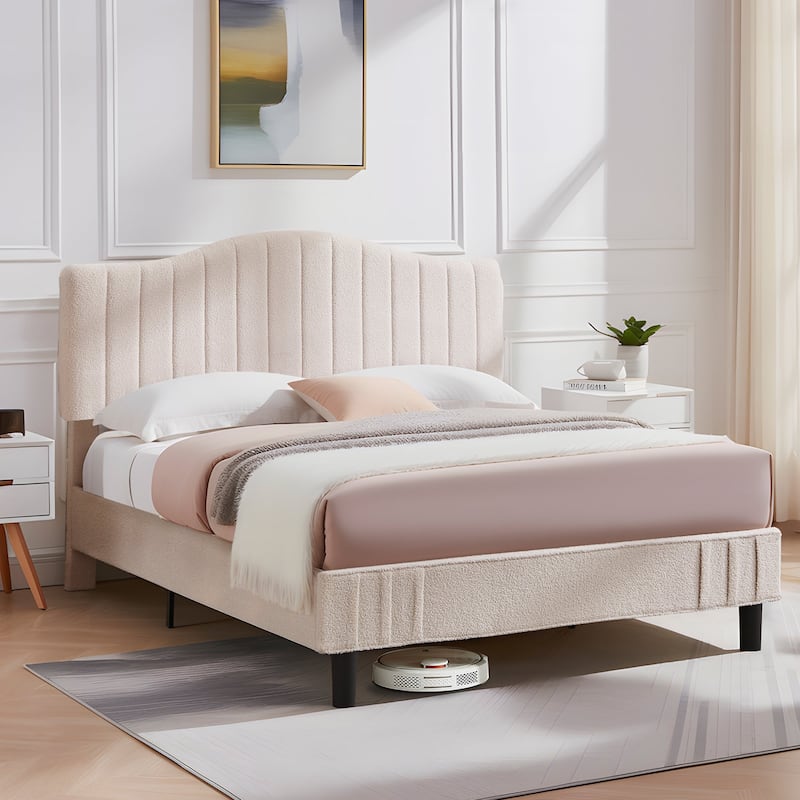 VECELO Upholstered Bed Frames, Platform Beds with Height Adjustable Teddy Fabric Headboard, 7.9'' Under Bed Space