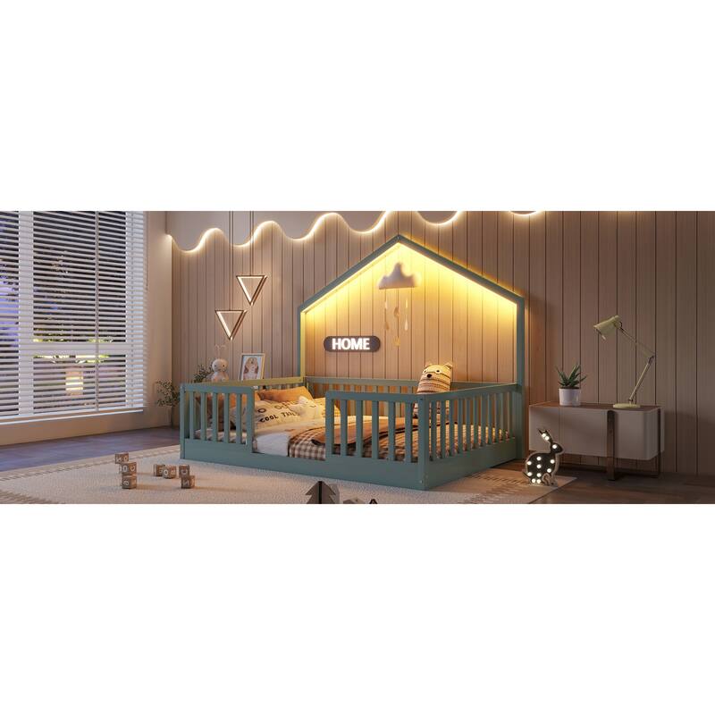 Roomfitters Twin/Full Floor Platform Bed, House Frame and LED Light with Wooden High Rails for Bedrooms or Guest Rooms