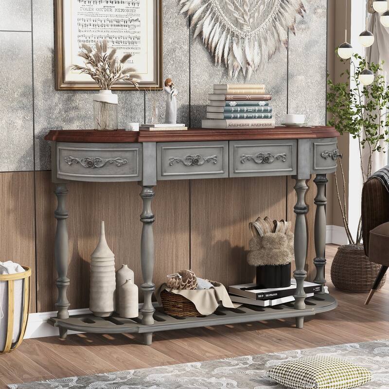 Modern and Contemporary Curved Console Table Sofa Table Entryway Table for Hallway Living Room with 4 Drawers and 1 Shelf - Grey