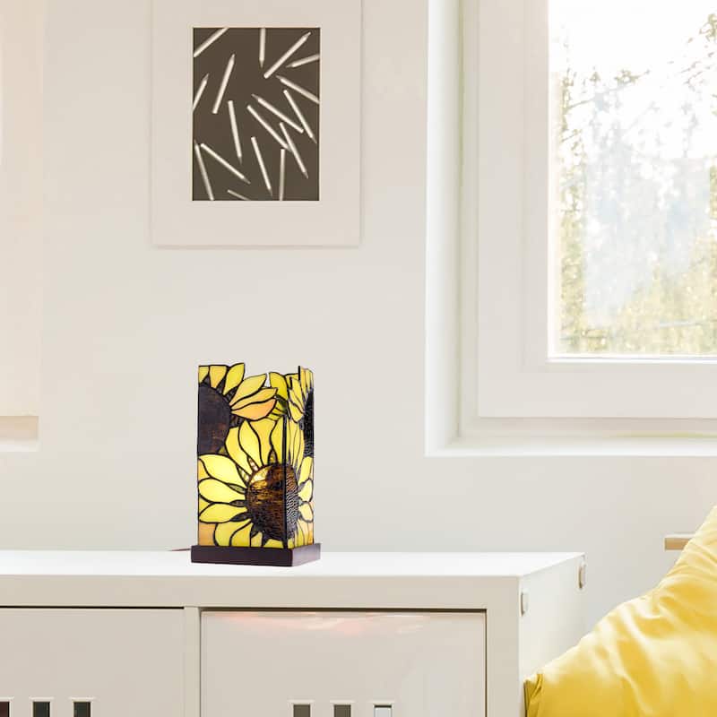 Sunny River of Goods Bronze Polyresin and Glass Rectangle Shade 9.75-Inch Accent Lamp - 5.5" x 5.5" x 9.75"