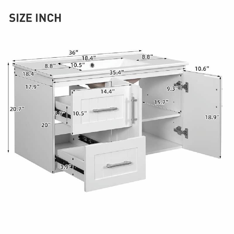 36'' Wall Mounted Bathroom Vanity - Floating Bathroom Storage Cabinet with 2 Drawers, 3 Holes Single Ceramic Sink