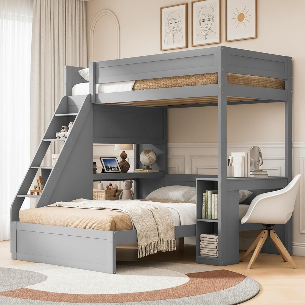 Twin XL Over Full Bunk Bed with Integrated Desk, USB Charging Station & Storage Staircase by Harper&Bright Designs
