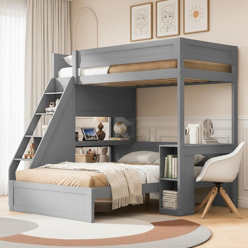 Twin XL Over Full Bunk Bed with Integrated Desk, USB Charging Station & Storage Staircase by Harper&Bright Designs - Grey