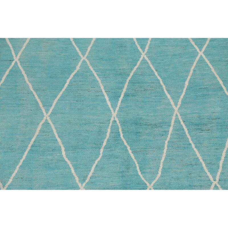 Turquoise Trellis Moroccan Vegetable Dye Area Rug Handmade Wool Carpet - 6'4" x 9'5"