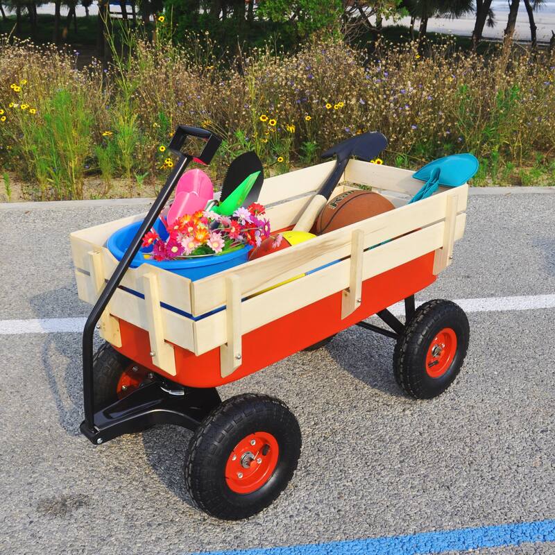 All-Terrain Yard Cart - Adjustable Handle, Large Capacity, Steel and Wood Construction with 180° Steering - Metal