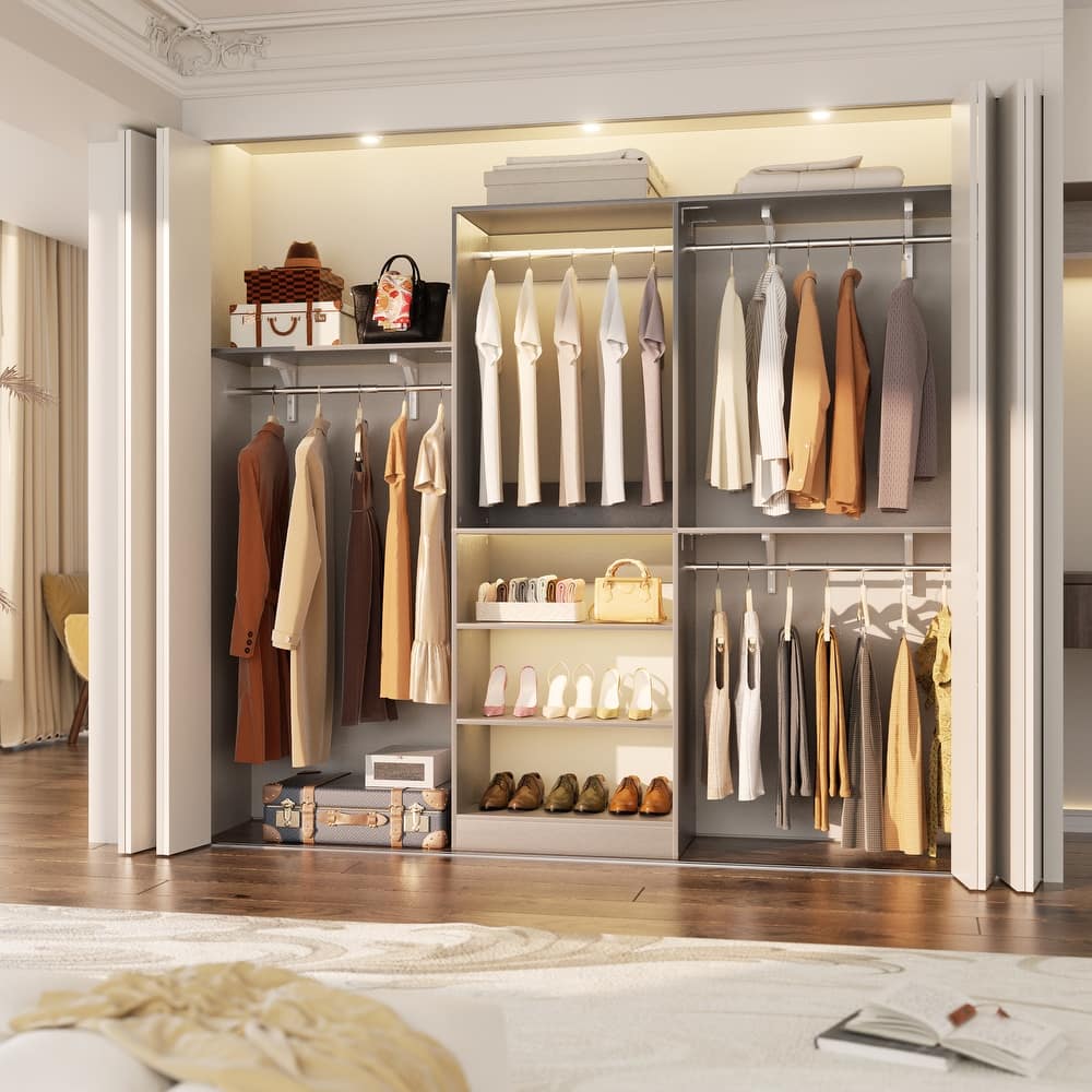 96'' W Walk-in Closet System with 4 Hanging Rods and 3 Shelving Towers, Sturdy Closet Organizer with Storage Shelves