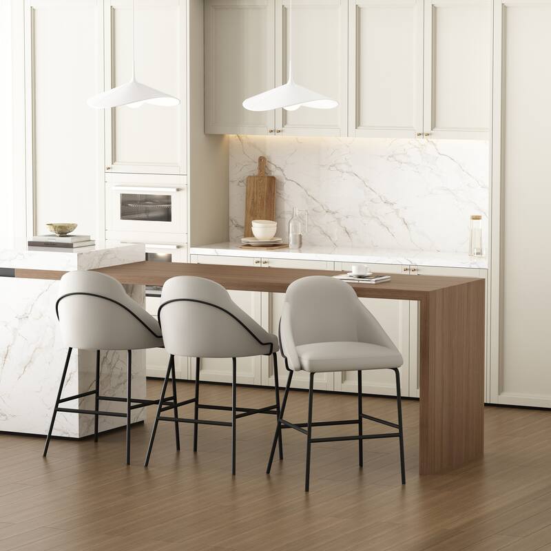 Manhattan Comfort Gracie Leatherette Counter Bar Stoool with Steel Legs - Set of 3 - Stone Black - Counter Height