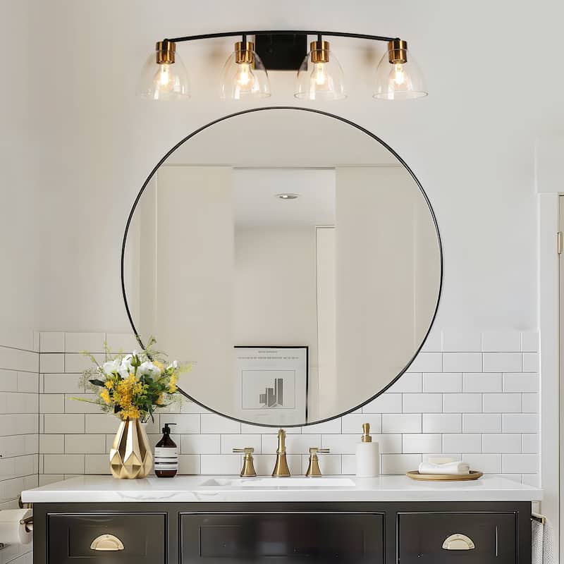 Modern Farmhouse 4-Light Black Gold Bathroom Vanity Lights Glass Wall Sconces - D32.3" x H8.6"
