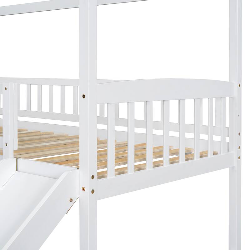 Twin Over Full Bunk Bed with Slide and Storage, White/Gray, Space-Saving Design