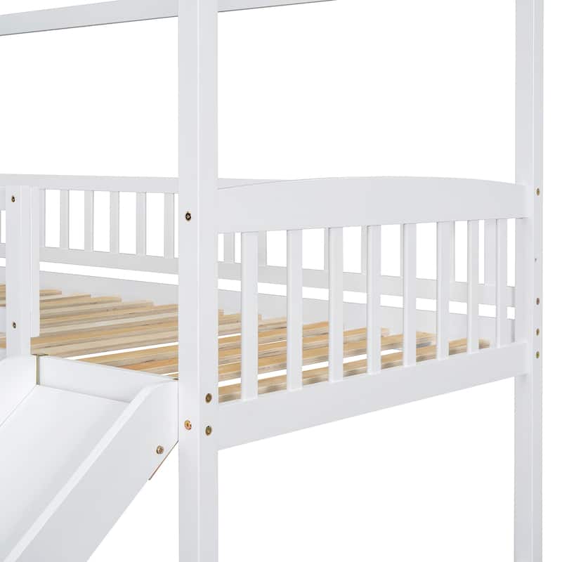 Twin over Twin Size Pine Wood Bunk Bed with Two Drawers and Slide for Kids