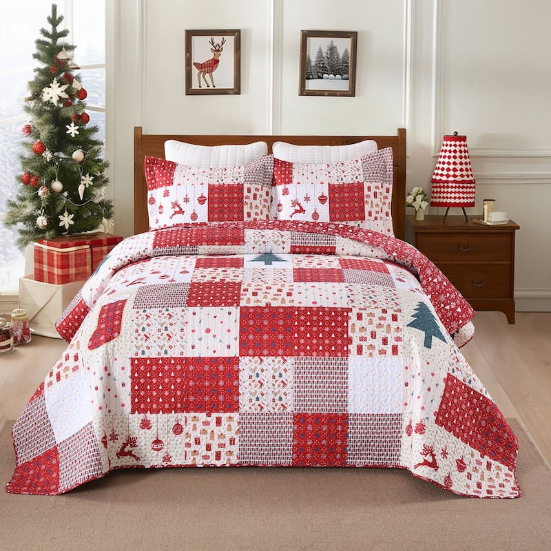 3 Pcs Christmas Patchwork Gift Quilt Bedspread Set - Patchwork Red - King