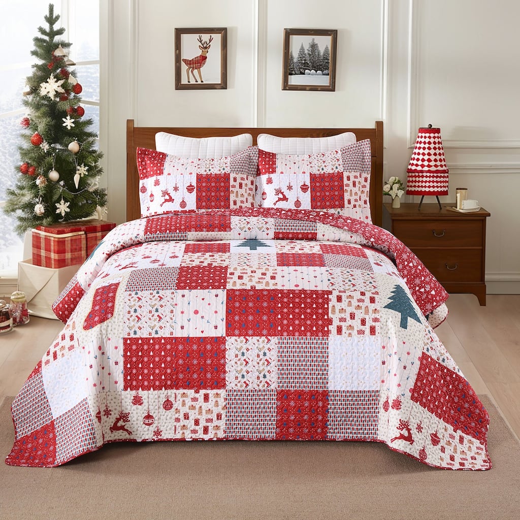 3 Pcs Christmas Patchwork Gift Quilt Bedspread Set