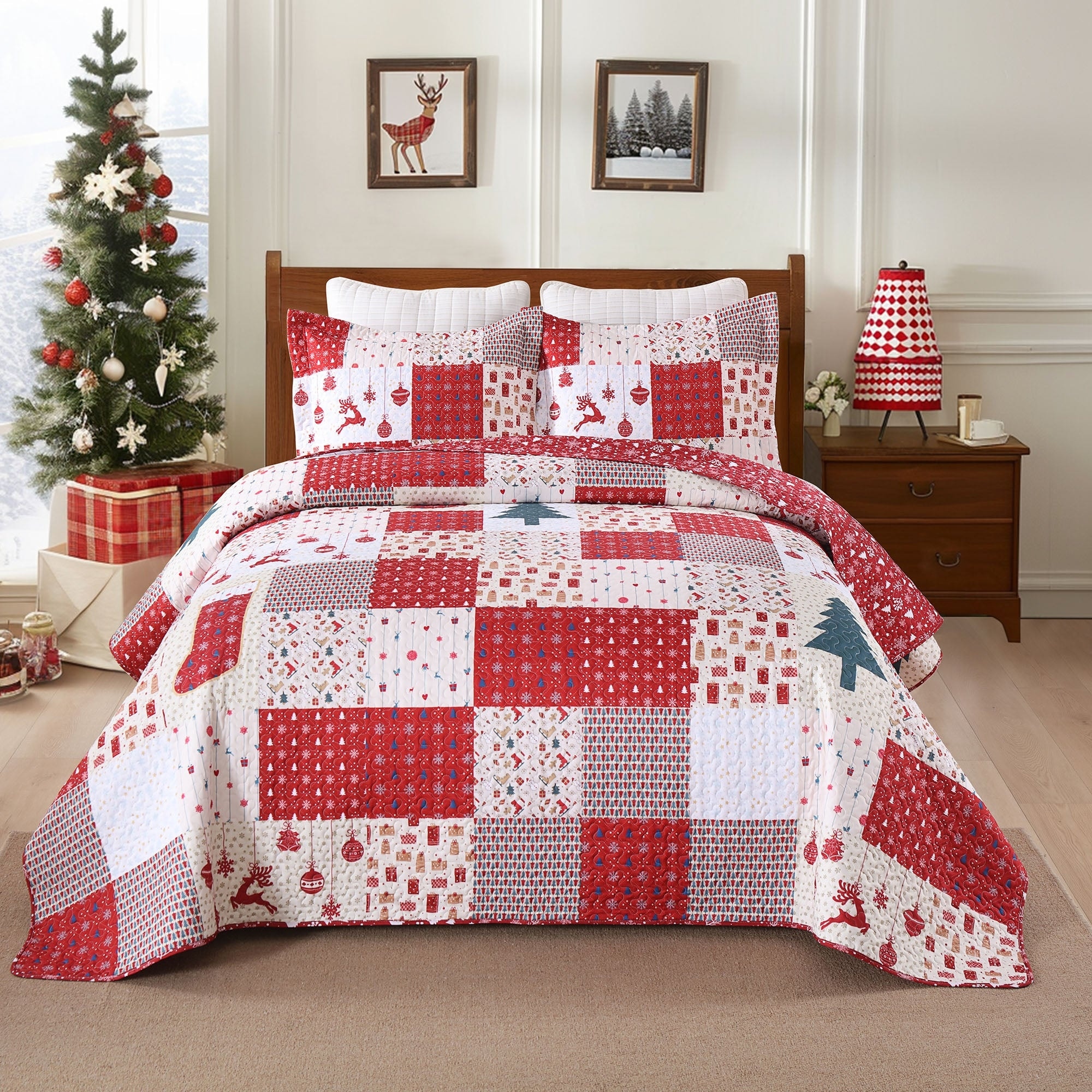 MarCielo Polyester Christmas Patchwork Quilt Bedspread Set