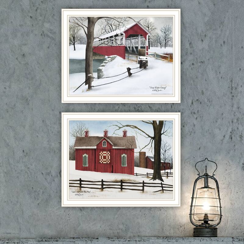 2-Piece Framed Wall Art Set - Lovers Knot Quilt Barn & Covered Bridge, White Frame
