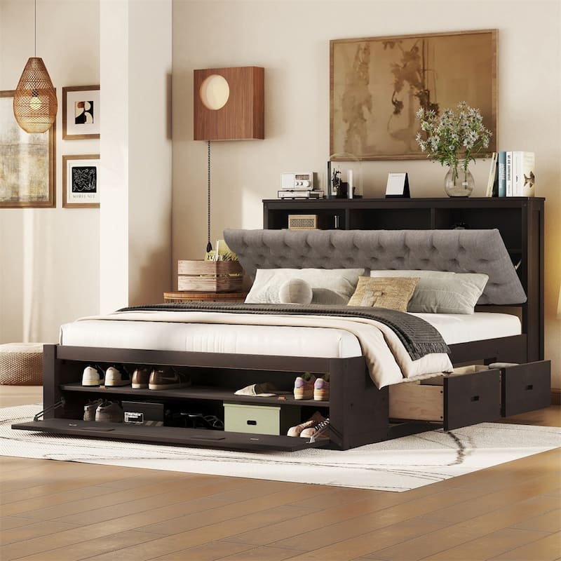Queen Size Wood Platform Bed with Shoe Rack and Drawers - Espresso