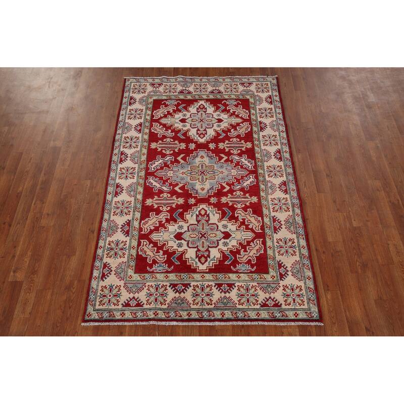 Geometric Red Kazak Oriental Rug Hand-Knotted Oriental Wool Carpet - 4'1" x 6'7"