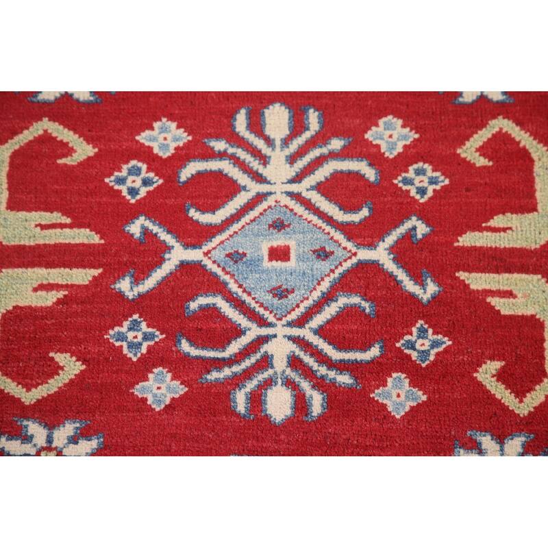 Hand Knotted Oriental 100% Wool Carpet Traditional Geometric Red Kazak Runner Rug - 8' 1'' X 2' 9''