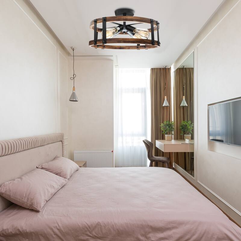 Anmytek Farmhouse 4-Light Wood Drum Semi-Flush Mount Ceiling Light for Entryway - Brown