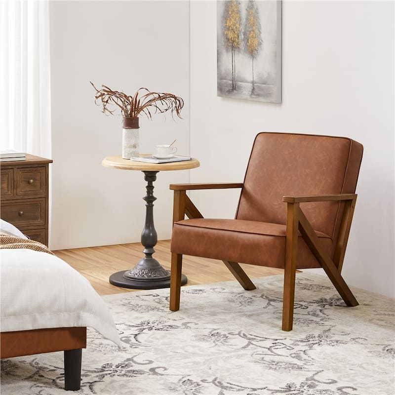 Yaheetech Faux Leather Accent Chair with Wood Legs for Living Room - Light Brown