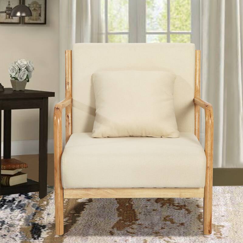 Linen Accent Chairs with Wood Legs - Upholstered Lounge Arm Chairs - White