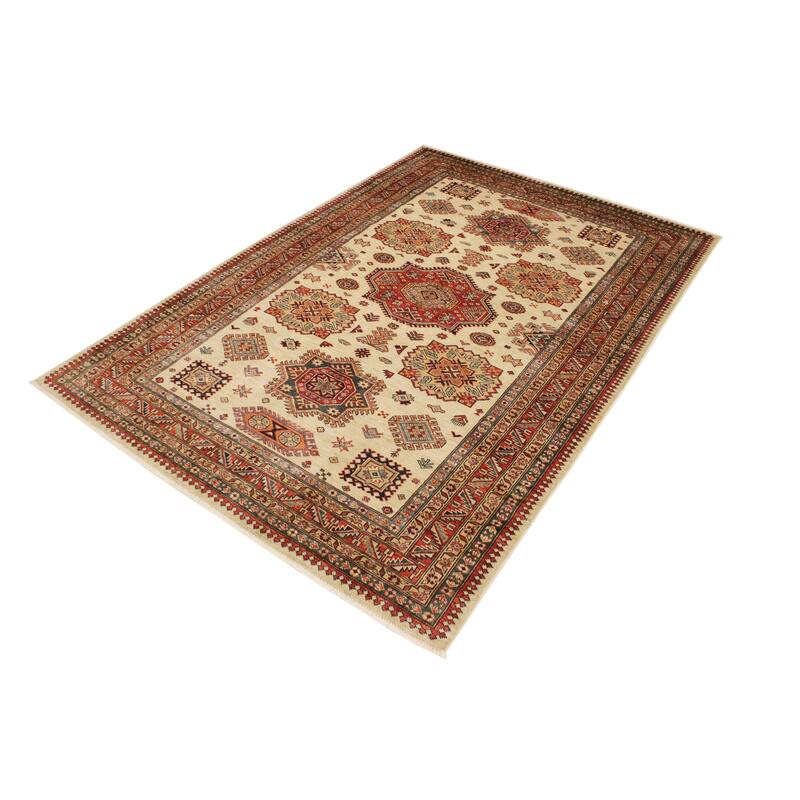 Caucasian Super Kazak Lilith Beige/Rust Hand Knotted Wool Rug - 5'6'' x 8'0''