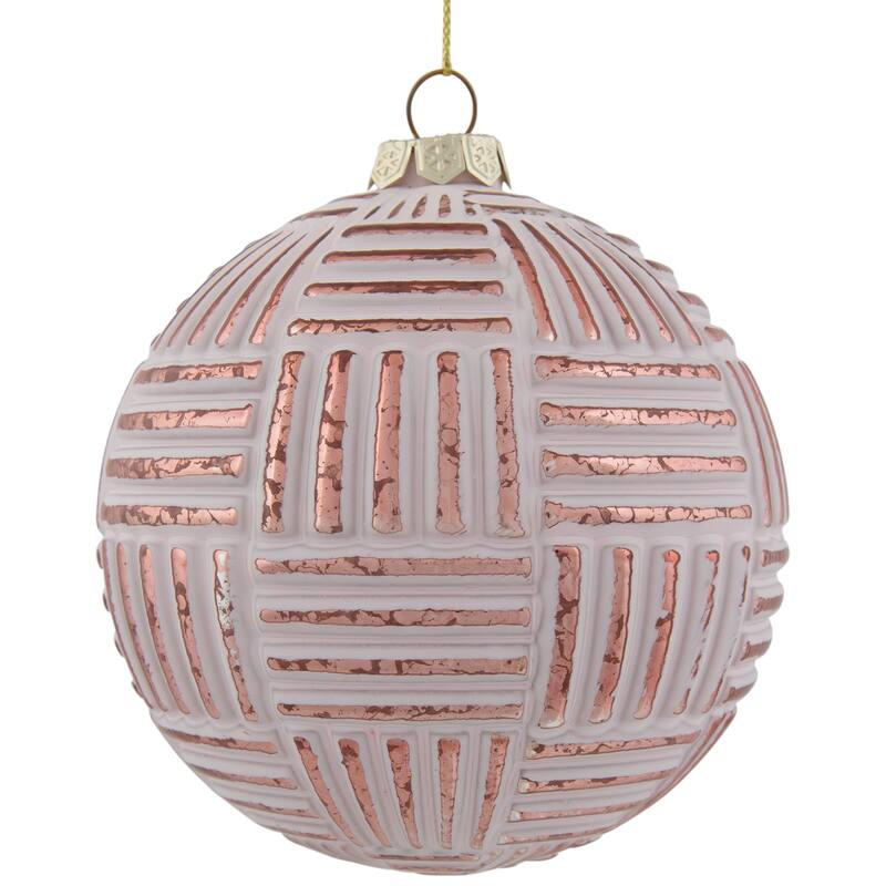 Textured Stripes Glass Christmas Ball Ornament - 4" (100mm) - White and Rose Gold