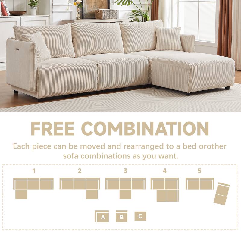 106'' Corduroy 3-Seater Modular Sofa with 2 Cushions, USB & C Charging Ports, Convertible Design
