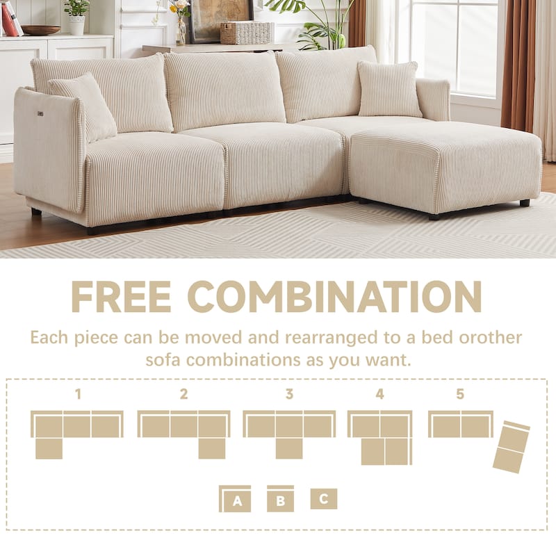 Beige 106'' Corduroy 3-Seater Sofa with USB Charging Ports and Convertible Design