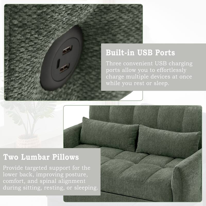 52.8" Loveseat Pull-Out Sleeper Sofa Bed with Adjustable Backrest, USB Ports and Pillows, Tufted Chenille Sofa