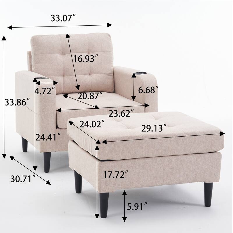 Upholstered Armchair and Storage Ottoman Set - Comfortable Single Sofa with Cup Holders and Tufted Detailing