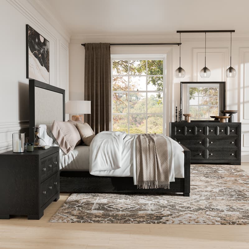 Furniture of America Durem II Modern 4-Piece Solid Wood Panel Bedroom Set with Oversized Nightstand and Dresser/Mirror - Weathered Black - Queen