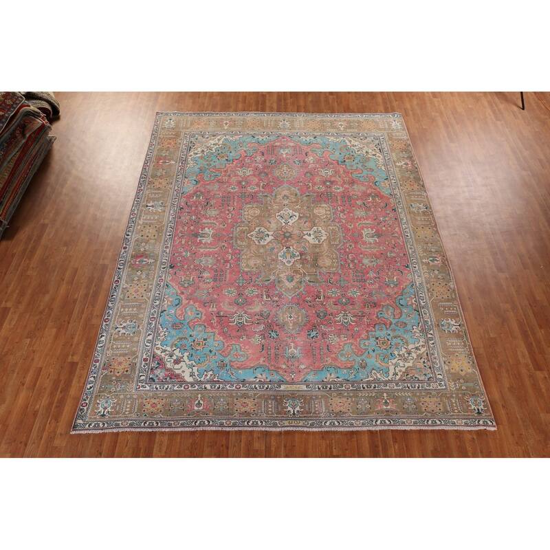 Pink Tabriz Persian Vintage Area Rug Handmade Wool Carpet - 9'11" x 13'4"