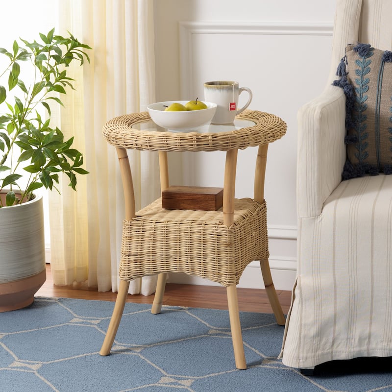 SAFAVIEH Home Damary Glass Top Accent Table - 18"W x 18"D x 23"H - Natural/Glass