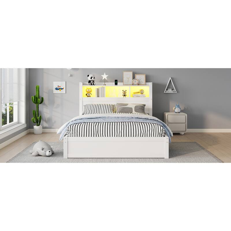 Roomfitters Twin/Full Platform Bed, LED Bookcase Headboard and Pull Out Storage Drawers with Wooden Frame for Bedrooms