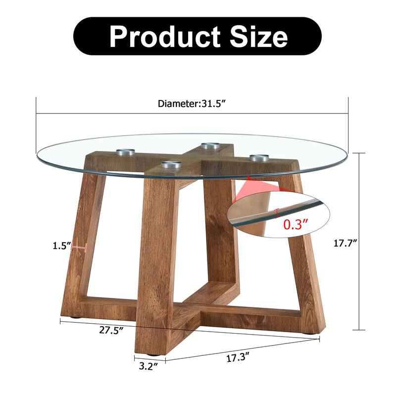 31.5" Modern Round Coffee Table with Tempered Glass Tabletop and Stable Base for Living Room