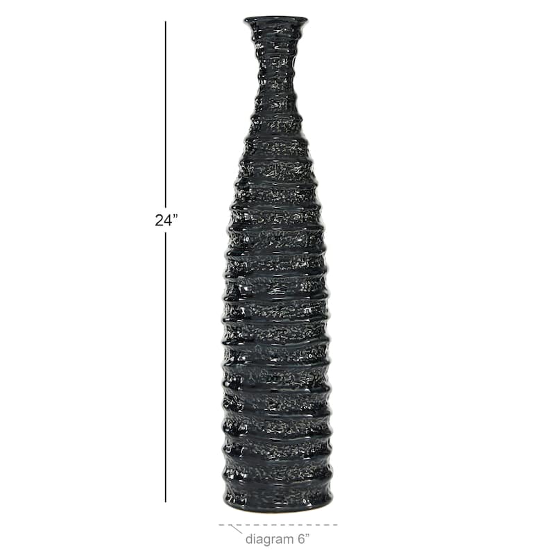 Ceramic Vase with Ripple Texture - Black - Roche River Decor - 6"W x 6"L x 24"H