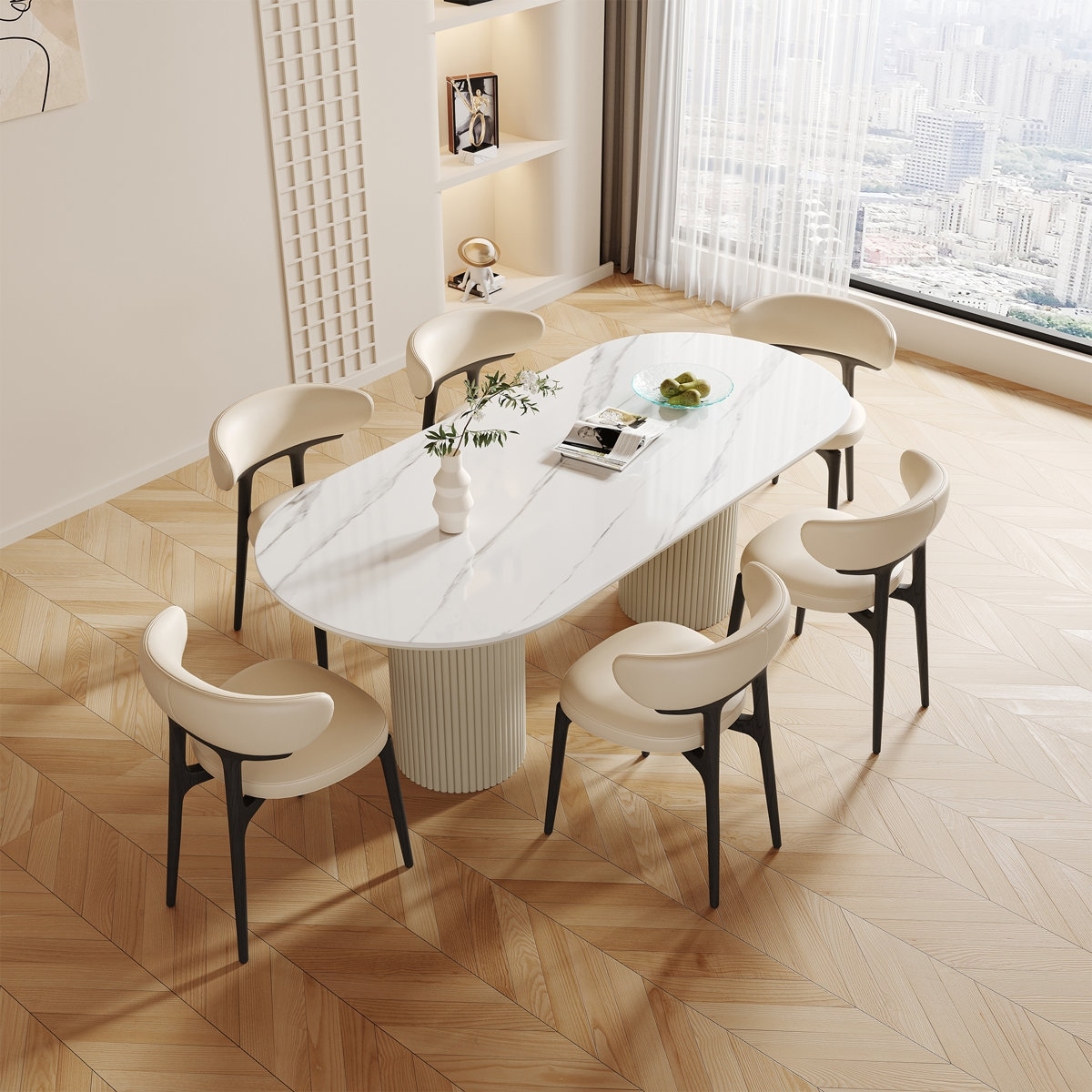 Modern Rectangular Dining Table, Faux Marble Tabletop Available in White & Pandora, Fluted Natural Wood Base, Seats 6-8 People