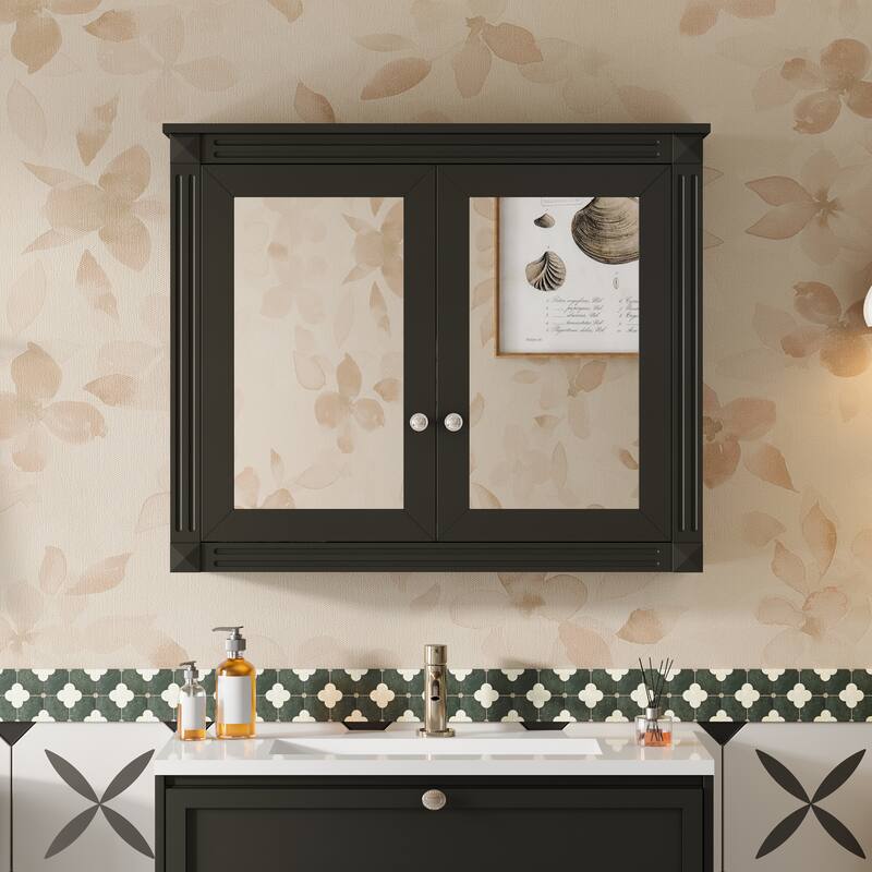 Roomfitters 36x28 Inch Wall Mount Medicine Cabinet, Double Mirror Storage with 2 Adjustable Shelves - Black