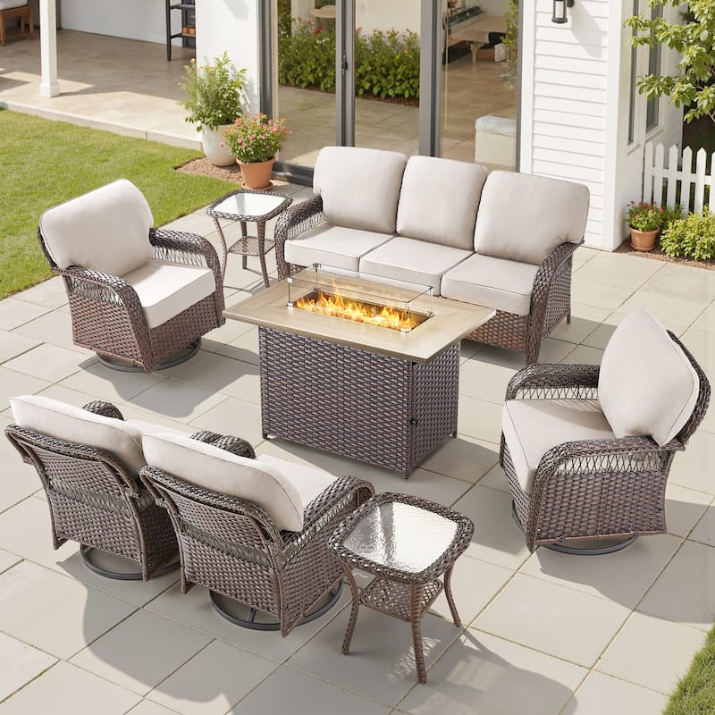 Pocassy Outdoor Fire Pit Table with Swivel Chair Sofa Ottoman Set. - Brown Wicker Beige Cushion - 8-Piece Sofa Swivel Chair Table w/ Fie Pit Table