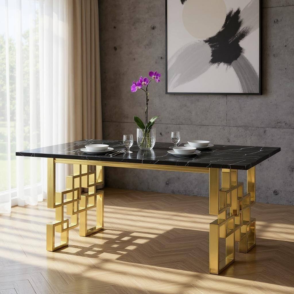 HomeRoots 79" Black and Gold Marble and Metal Double Pedestal Base Dining Table - 78.7 in. x 29.9 in. x 39.4 in.