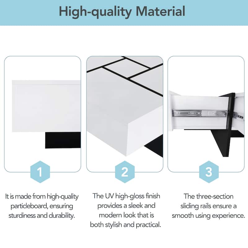 Roomfitters Square Coffee Table with Hidden Storage, Modern High Gloss Center Table with Extendable Sliding Top