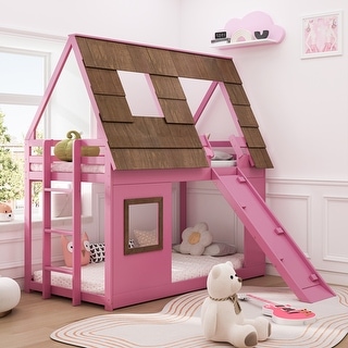 Wood Twin Size House Bunk Bed with Window Roof Shape Design with Ladder ...