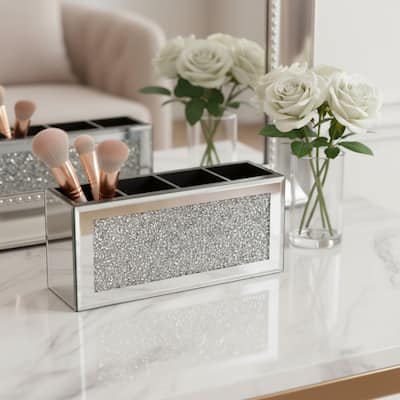9" Silver Mirrored Glass Four Section Jewelry Organizer With Faux Crystals