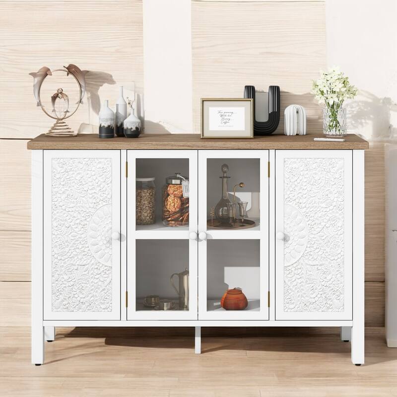 47.2" Retro TV Stand for TVs up to 43 Inches, Media Console with Glass Cabinet Doors, 3 Spacious Cabinets, Adjustable Shelves - White